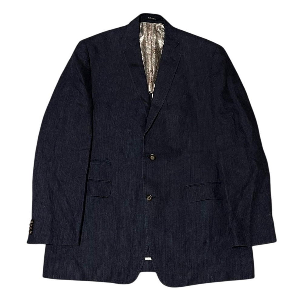 Alan Flusser Blazer Jacket Mens 44L Navy Linen 2 Button Notch Lapel Sport Coat